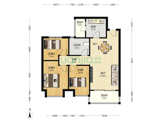 恒大文旅城A区 3室1厅1卫 99平方