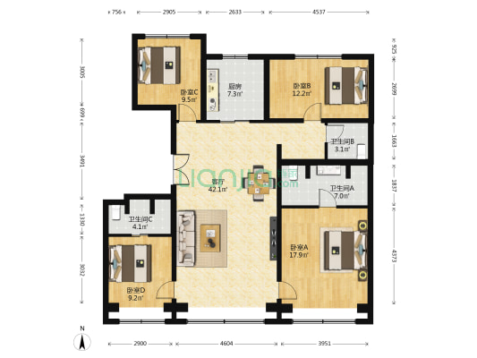 翡翠公园四期 4室1厅3卫 144平方