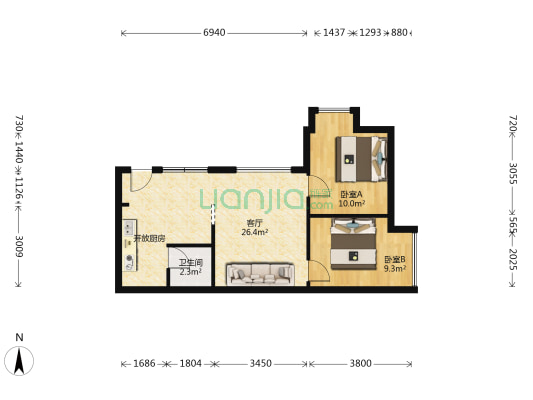 巨龙江山国际二期 2室1厅1卫 65平方