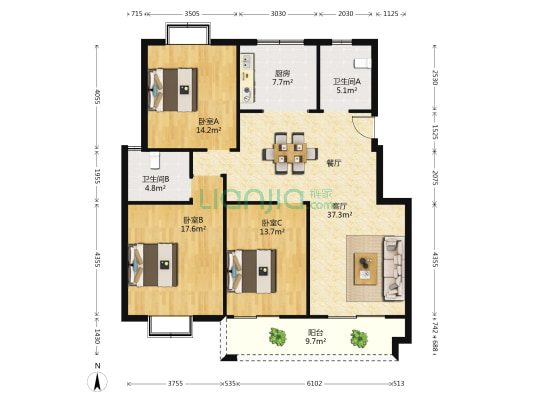 果园南苑 3室1厅2卫 126平方
