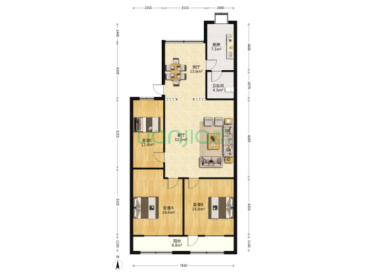 七六社区 3室2厅1卫 134平方