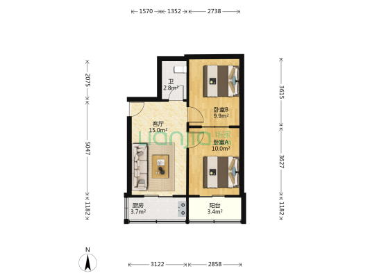 龙渠堡小区 2室1厅1卫 57平方