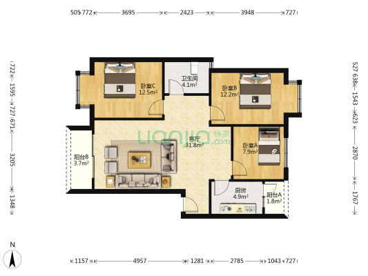 南新苑 3室1厅1卫 90平方