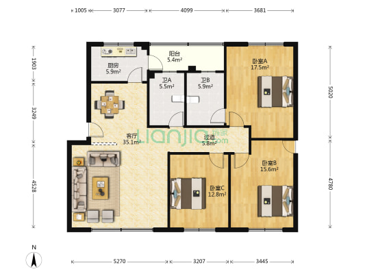 东景苑 3室1厅2卫 135平方