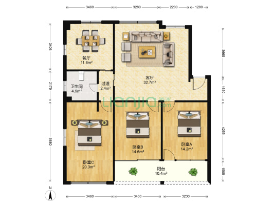 虹桥镇粮食市场商品房 3室2厅1卫 143平方