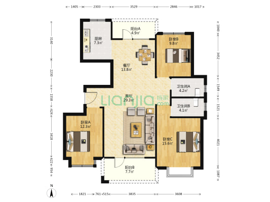 安德利鱼鸟河花园 3室2厅2卫 138平方