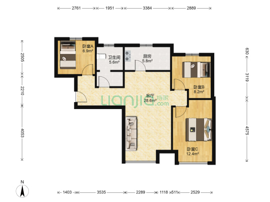 孔雀城棠墅园 3室1厅1卫 89平方