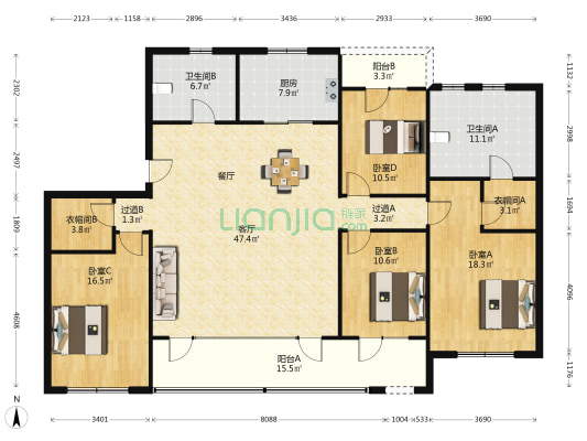 博观天成 4室1厅2卫 190平方