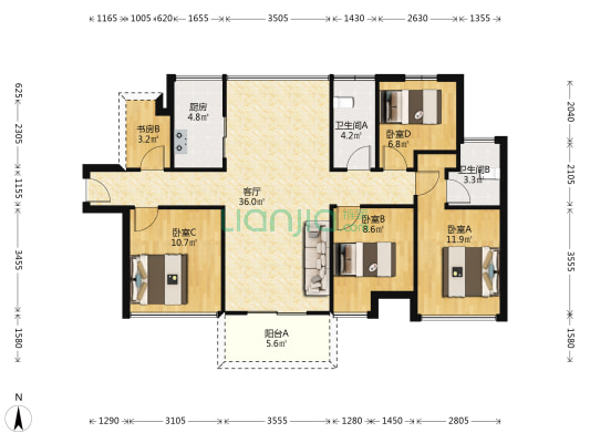 巨德·竹葶梦苑 5室1厅2卫 94平方