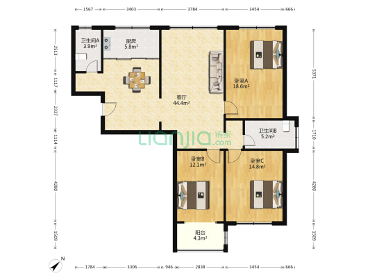 景泰花园 3室1厅2卫 145平方