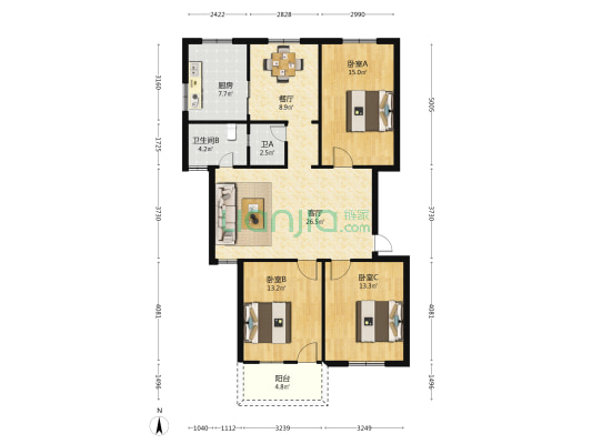 环保局宿舍 3室2厅2卫 96平方
