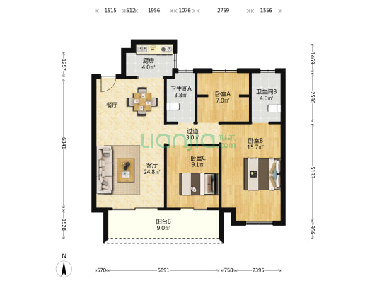 宏凯茗庭 3室1厅2卫 103平方