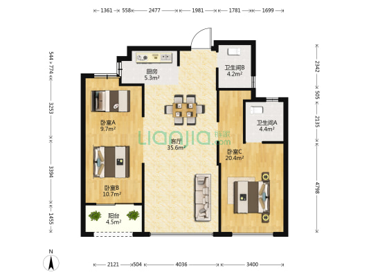 滨江金色家园 3室1厅2卫 116平方