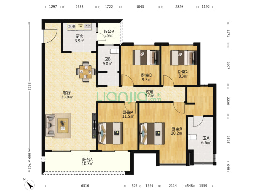 华侨城溪山集A区 4室1厅2卫 150平方