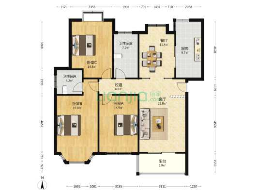 东海二村 3室2厅2卫 134平方