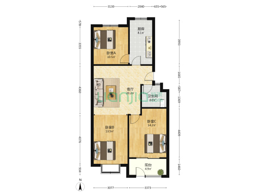 信诚龙锦园 3室1厅1卫 95平方