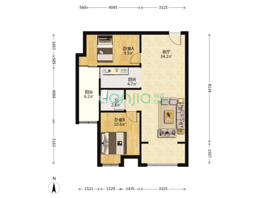 首钢贵州之光光逸组团 2室1厅1卫 77平方