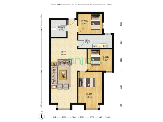 如意城二期 3室1厅1卫 120平方