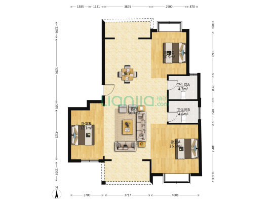 溢清河花园 3室1厅2卫 111平方