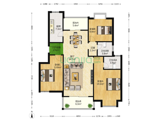 长房东方人家 3室1厅2卫 123平方