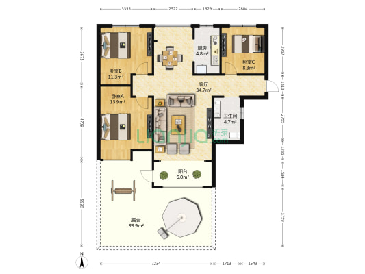 汇景名居 3室1厅1卫 104平方