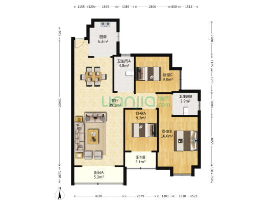 德泽园小区 3室1厅2卫 121平方