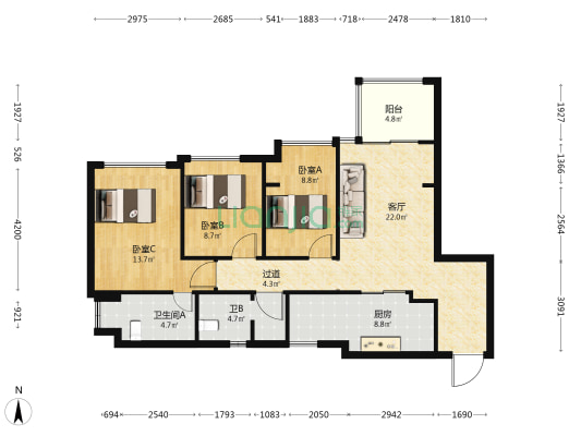 保亿御景玖园3期B区 3室1厅2卫 91平方