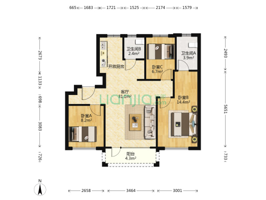 中港路花园 3室1厅2卫 92平方