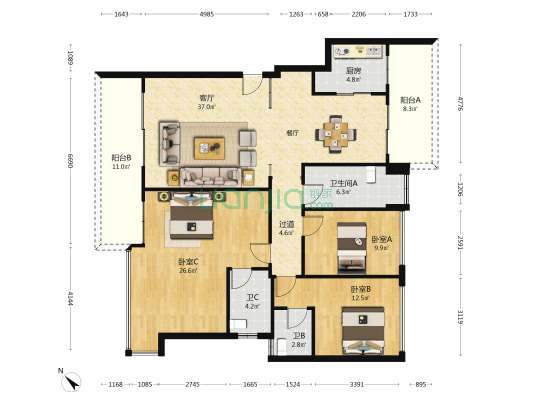 尚东泊景苑 3室1厅3卫 144平方