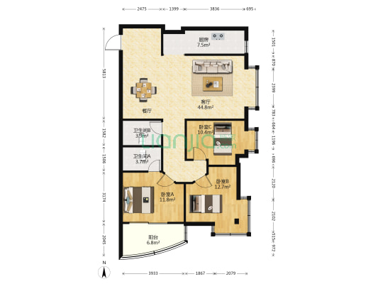 联美都市公寓 3室1厅2卫 114平方