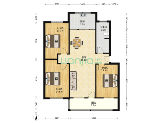 西园宾馆家属院 3室1厅1卫 116平方