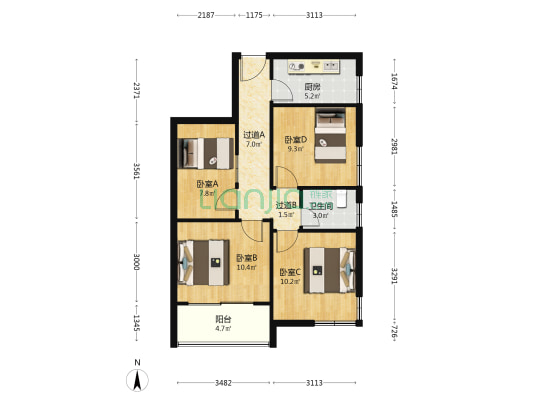 白庙小区 4室0厅1卫 80平方