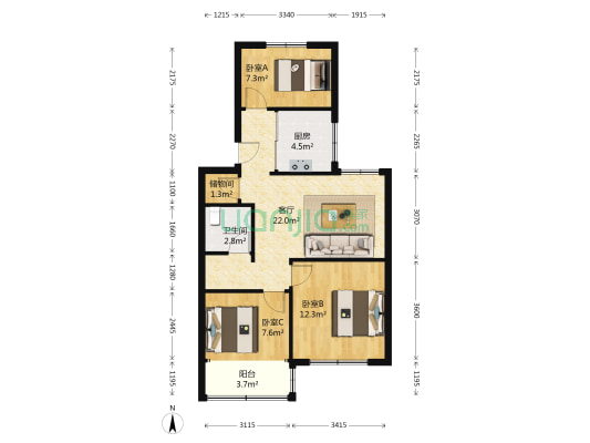 高区帝王宫南，西文化小区住人3咯欧的边户，3室精装修-户型图