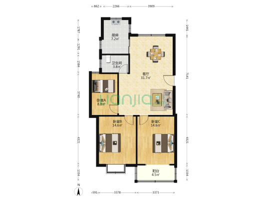 理想家园 3室1厅1卫 109平方