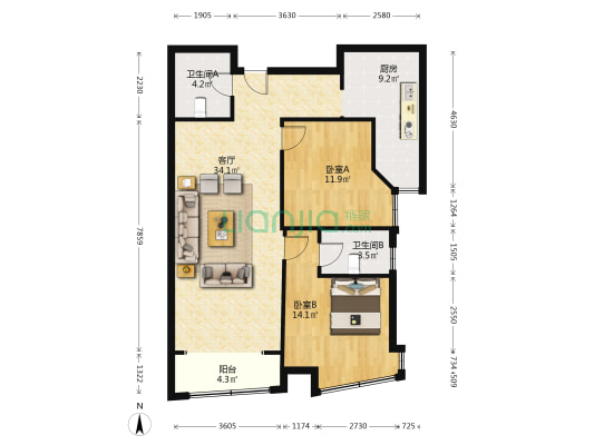 涿州御景园全拿两居室业主诚意出售房本满二没尾款-户型图