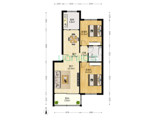 宏润花园 2室2厅1卫 96平方