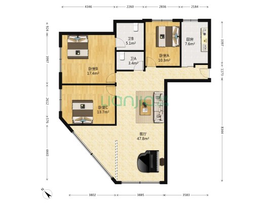 华宇五环大厦 3室1厅2卫 149平方