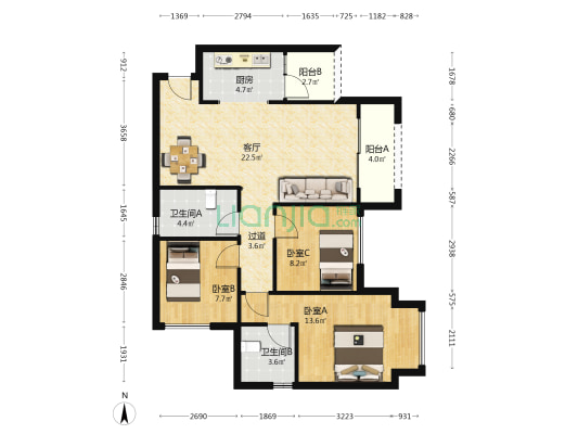 学府壹号二期 3室1厅2卫 88平方