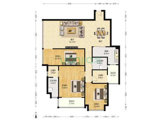 樱花语幸福里 3室1厅2卫 144平方