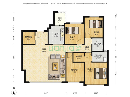 建发观唐映月北区 3室1厅2卫 141平方