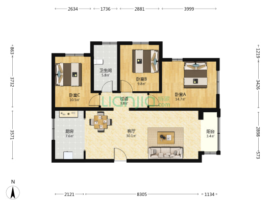 今日草桥二期 3室1厅1卫 122平方