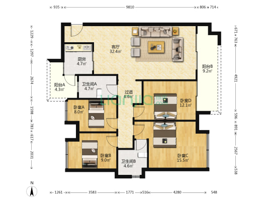 鑫苑城锦苑 4室1厅2卫 137平方