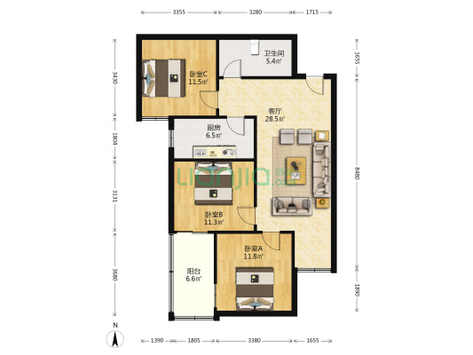 世纪朝阳 3室1厅1卫 113平方