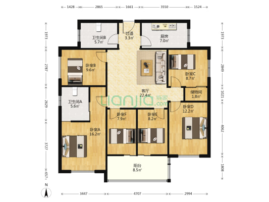 张浩湾小区 6室1厅2卫 133平方