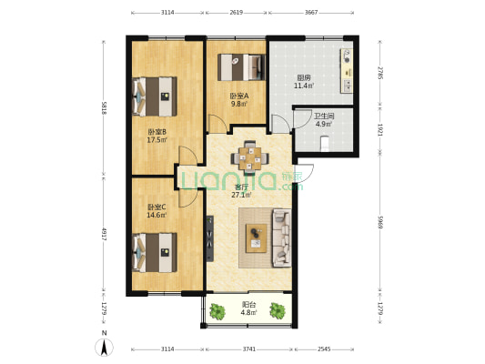 金海大院 3室1厅1卫 97平方