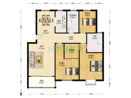 罗星公寓 3室2厅2卫 124平方