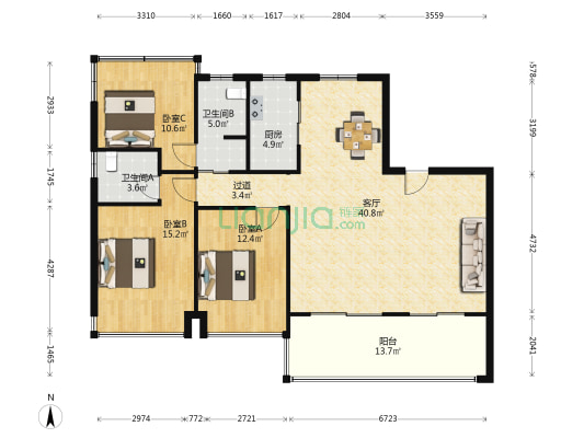 振兴湖境 3室1厅2卫 139平方