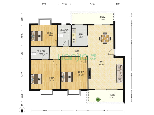 京海花园 3室1厅2卫 128平方