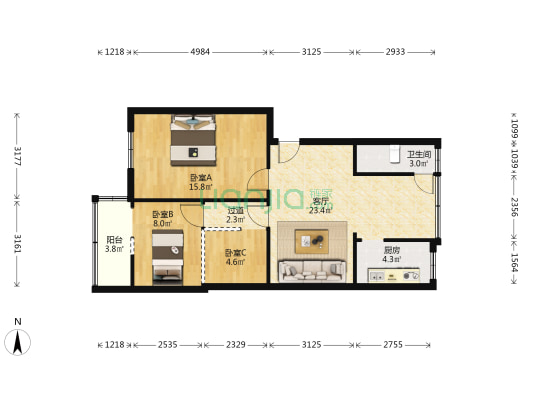 大古井街(原鑫元宾馆) 3室1厅1卫 77平方