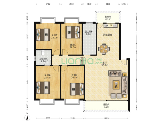 湖畔山庄 4室1厅2卫 155平方